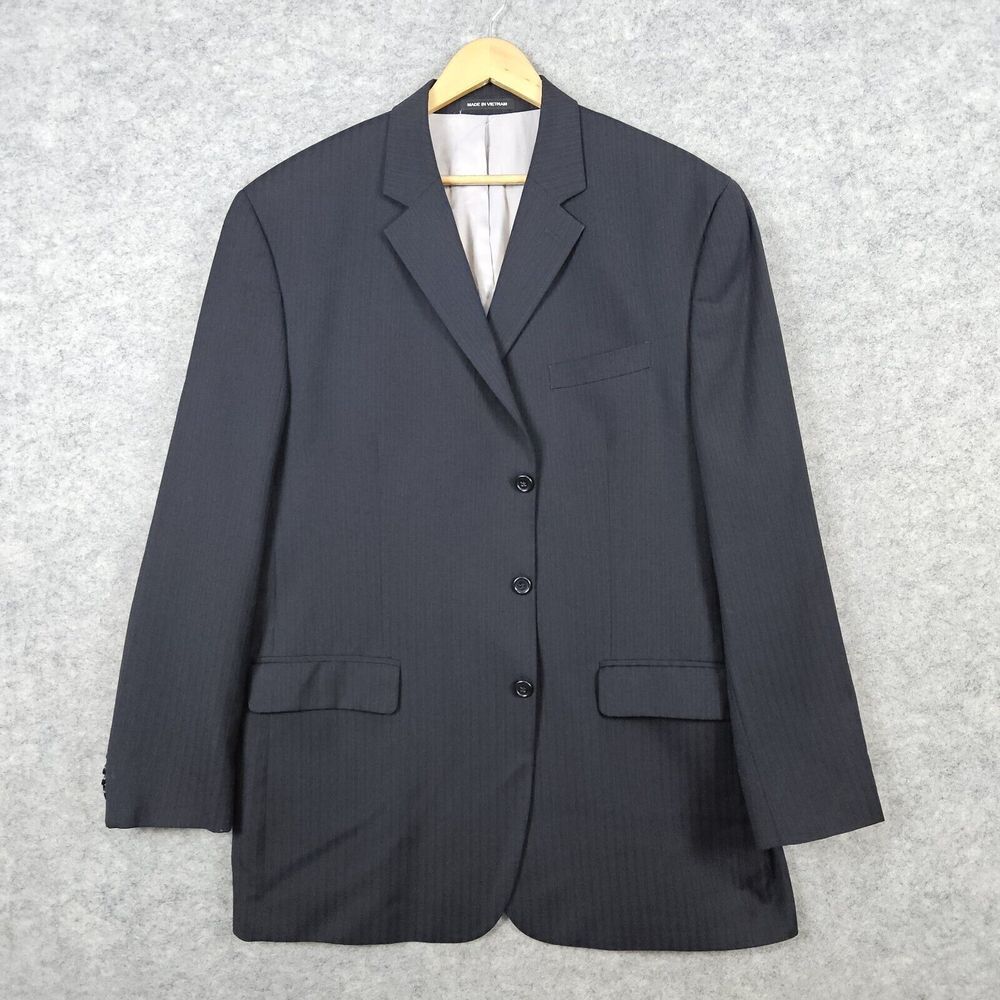 Michael Kors Men's Blazer Navy Blue Pinstriped Size 46L 100% Wool 3-Button Front